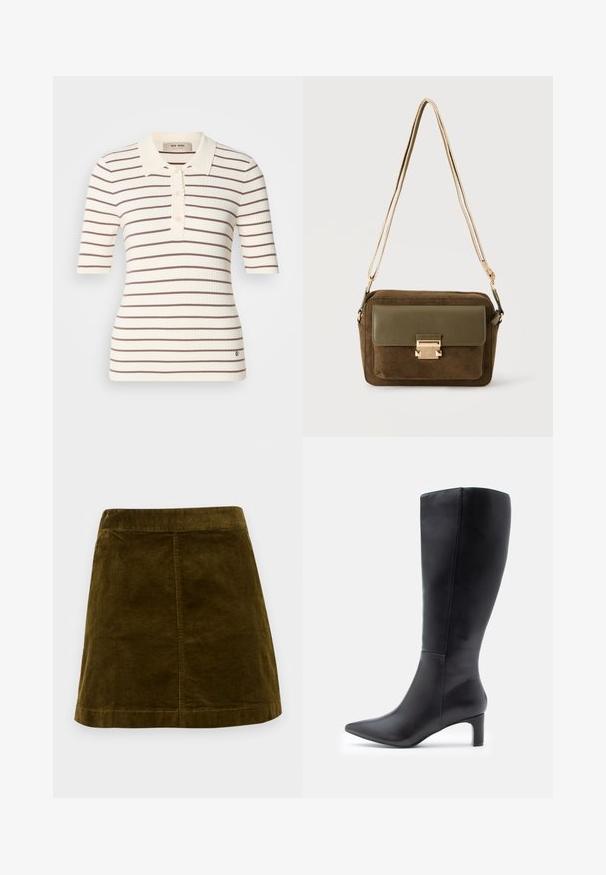 Ribbet polo skjorte i cremefarve med brune vandrette striber. Har en krave, knappelukning og korte ærmer. Diskret logo detalje ved kanten.; Brun kordfløjl mini skirt med lodrette ribber, lige snit og en ren kant. Har en simpel talje uden udsmykninger.; Sorte læderknæhøje støvler med spidse tåer, der har et elegant design og en lille blokhæl. Glat tekstur med minimale detaljer.; Brun ruskind crossbody taske med olivengrøn læderklap og lås i guldtoner, med en tynd justerbar skulderrem.