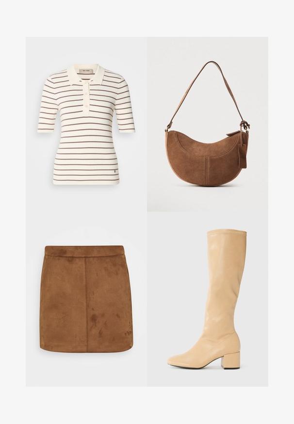 Ribbet polo skjorte i cremefarve med brune vandrette striber. Har en krave, knappelukning og korte ærmer. Diskret logo detalje ved kanten.; Brun ruskinds mini-skirt med en glat tekstur, lige snit og en sømløs talje, der har et minimalistisk design uden mønstre eller udsmykninger.; Anna Field by Zalando Høje støvler/ Støvler - beige; Brun ruskinds håndtaske med en buet, halvmåneformet silhuet. Har en skulderrem, et lille mærke og synlige sømme langs kanterne.