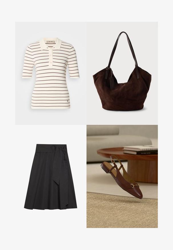 Polo shirt côtelé crème avec des rayures horizontales marron. Doté d'un col, d'une patte de boutonnage et de manches courtes. Détail de logo discret à l'ourlet.; Jupe noire enveloppante avec une large ceinture et un détail en noeud. Fabriquée en tissu lisse, elle présente une silhouette évasée et une longueur au genou.; Mocassin slingback plat en cuir marron avec détail de boucle dorée, posé sur un tapis beige texturé près d'une table ronde en bois avec des livres empilés.; Handbag en cuir suédé marron avec une forme douce et souple. Doté de poignées en cuir et d'une étiquette décorative. Texture plain avec des coutures courbes.