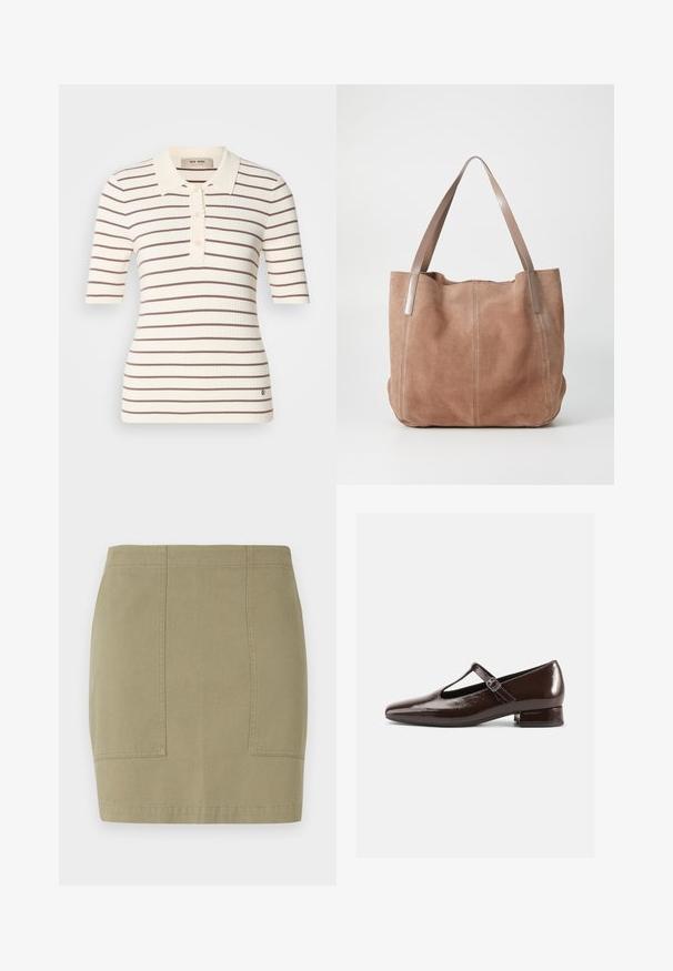Polo shirt côtelé crème avec des rayures horizontales marron. Doté d'un col, d'une patte de boutonnage et de manches courtes. Détail de logo discret à l'ourlet.; Jupe en coton mélangé, de couleur vert olive, arrivant au genou, avec des poches latérales et des coutures nettes. Texture lisse et silhouette ajustée.; Chaussures Mary Jane en cuir verni marron avec un bout arrondi, un design ajouré et une bride réglable. Talon bas bloc.; Anna Field by Zalando LEATHER - Cabas - taupe