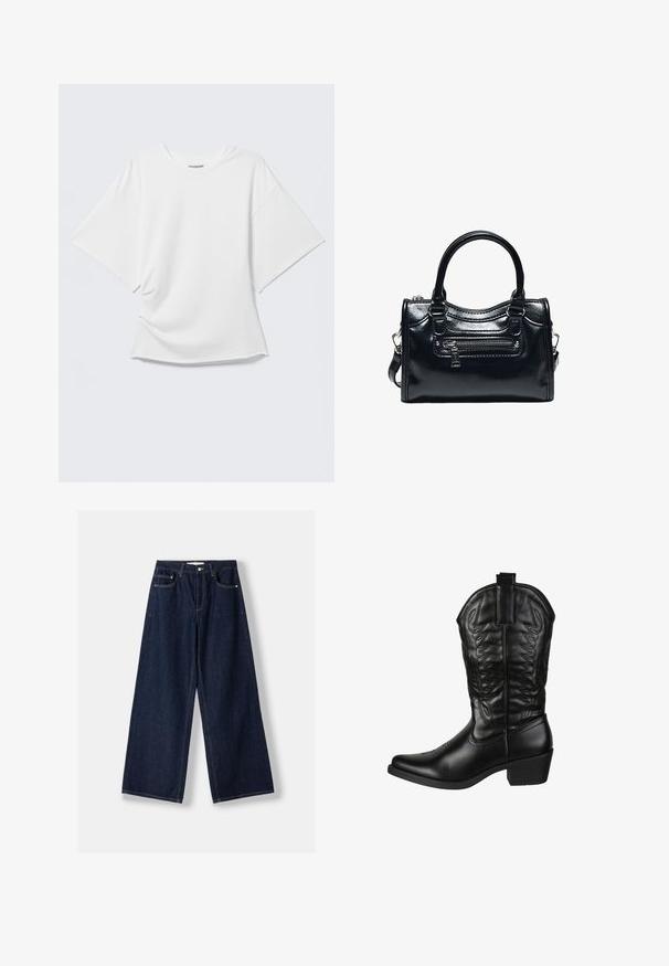 Hvid oversized T-shirt med korte ærmer og rund hals vist på en lysegrå baggrund.; Mørkeblå vidde denimjeans med knap- og lynlås foran, forlommer og bæltestropper, lagt fladt på en hvid baggrund.; Elara Cowboy- / bikerstøvler - schwarz; Sort skinnende læderhåndtaske med to håndtag, lynlåslomme foran og aftagelig skulderrem på hvid baggrund.