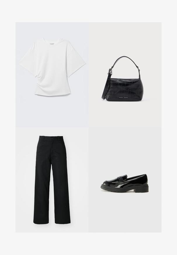 T-shirt blanc oversize à manches courtes avec col rond présenté sur un fond gris clair.; Pantalons larges noirs avec un devant plat, une fermeture à bouton et des passants de ceinture. Fabriqués en tissu durable avec une texture lisse.; Mocassins en cuir verni noir avec une semelle en caoutchouc noir épaisse, présentant un empeigne cousue et une surface lisse et brillante.; Sac à bandoulière en cuir noir embossé crocodile avec poignée supérieure et logo imprimé sur le devant.