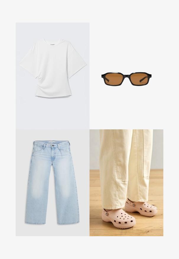 Weißes kurzärmeliges Oversized T-Shirt mit Rundhalsausschnitt, dargestellt vor hellem grauem Hintergrund.; Helle blaue weite Jeans aus Denim. Mit geradem Schnitt, Fünf-Taschen-Design und einem Knopfverschluss am Bund.; Helle rosa Clogs aus Gummi, mit Belüftungslöchern, einer konturierten Form und einer strukturierten Sohle für Halt. Getragen mit hellbeigen Hosen.; Schwarze rechteckige Sonnenbrille mit dickem Rahmen und braunen getönten Gläsern, von vorne auf weißem Hintergrund gezeigt.