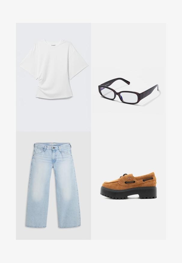 T-shirt blanc oversize à manches courtes avec col rond présenté sur un fond gris clair.; Jean large bleu clair en denim. Présente une coupe droite, un design à cinq poches et une fermeture par bouton à la taille.; Mocassin en daim marron avec semelle crantée noire épaisse, détails lacés, et logo embossé sur le côté, vu de l'extérieur.; Lunettes rectangulaires en écaille de tortue brune avec des verres transparents et des branches épurées, présentant une texture lisse et un design minimaliste.