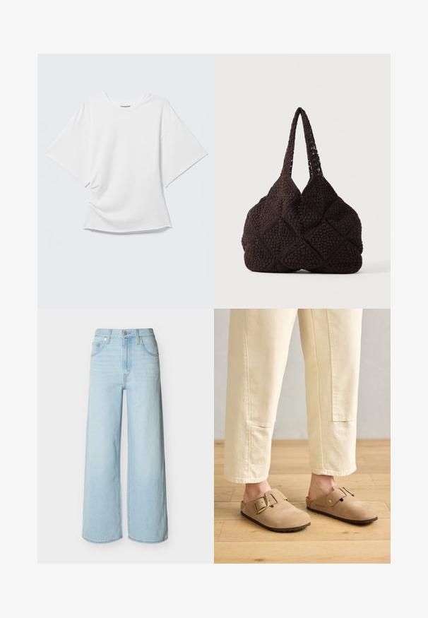 Hvid oversized T-shirt med korte ærmer og rund hals vist på en lysegrå baggrund.; Lyseblå vidbenede jeans med forreste knap- og lynlås-lukning, bæltestropper og klassisk design med fem lommer.; Tan ruskinds-sandaler med en bred strop og gyldent spænde, tekstureret overflade og brun gummisål; båret med løse elfenbenfarvede tapered bukser.; Sort hæklet mulepose med teksturerede firkantede mønstre og to skulderremme, der står mod en ensartet baggrund.