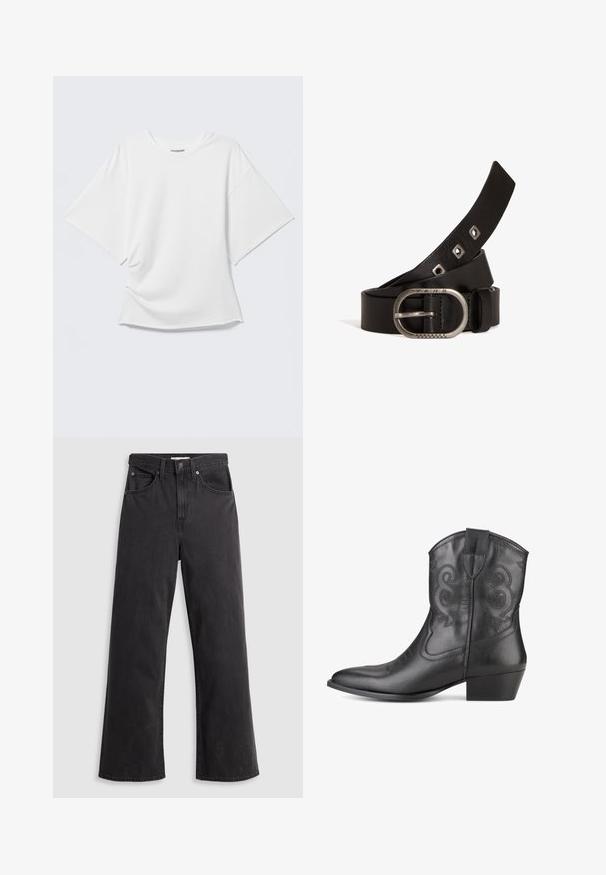 Camiseta blanca oversized de manga corta con cuello redondo mostrada sobre un fondo gris claro.; Jeans de mezclilla negra de pierna ancha con cintura alta, cinco bolsillos y cierre de botón metálico. La tela tiene una textura suave y ligeramente desvaída.; Bota de vaquero de cuero negro con punta afilada, costuras decorativas en el tubo y tacón apilado. Textura suave y sin herrajes visibles.; Cinturón de cuero negro con hebilla redonda de metal plateado, con un logo de marca y una punta de metal; incluye varios agujeros para ajuste.