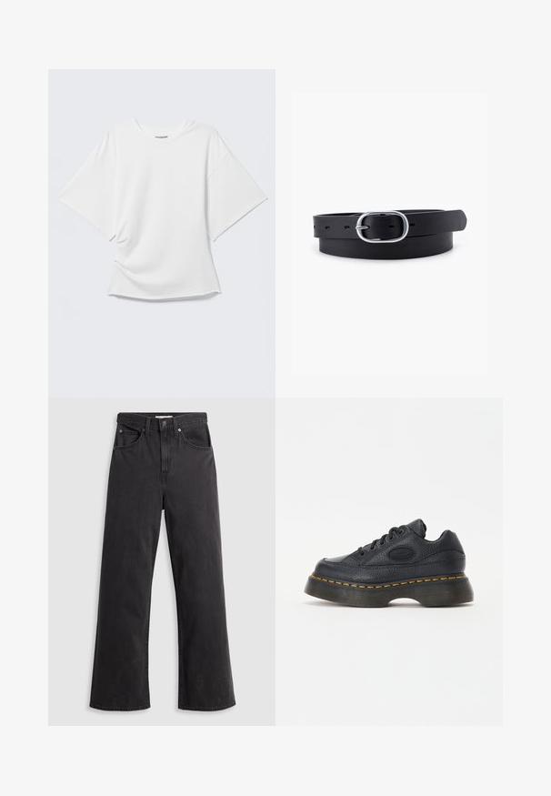T-shirt blanc oversize à manches courtes avec col rond présenté sur un fond gris clair.; Jeans larges en denim noir à taille haute, avec cinq poches et une fermeture à bouton en métal. Le tissu a une texture lisse et légèrement décolorée.; Baskets en cuir noir avec finition texturée, bout rond et semelle épaisse. Comprend des coutures accentuées en jaune et un logo de marque sur le côté.; Ceinture en cuir noir au toucher lisse, boucle en métal argenté de forme ovale et plusieurs trous d'ajustement le long de la sangle. Design plat et minimal.