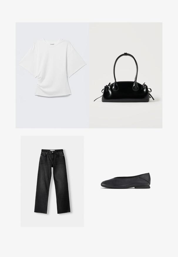 Hvid oversized T-shirt med korte ærmer og rund hals vist på en lysegrå baggrund.; Bershka Jeans Straight Leg - mottled dark grey; Sorte læder flade sko med rund tå og lav hæl, designet til både casual og formelt brug.; Lille sort blank håndtaske med to lange håndtag og snøre-detaljer i siden på en ensfarvet lys baggrund.
