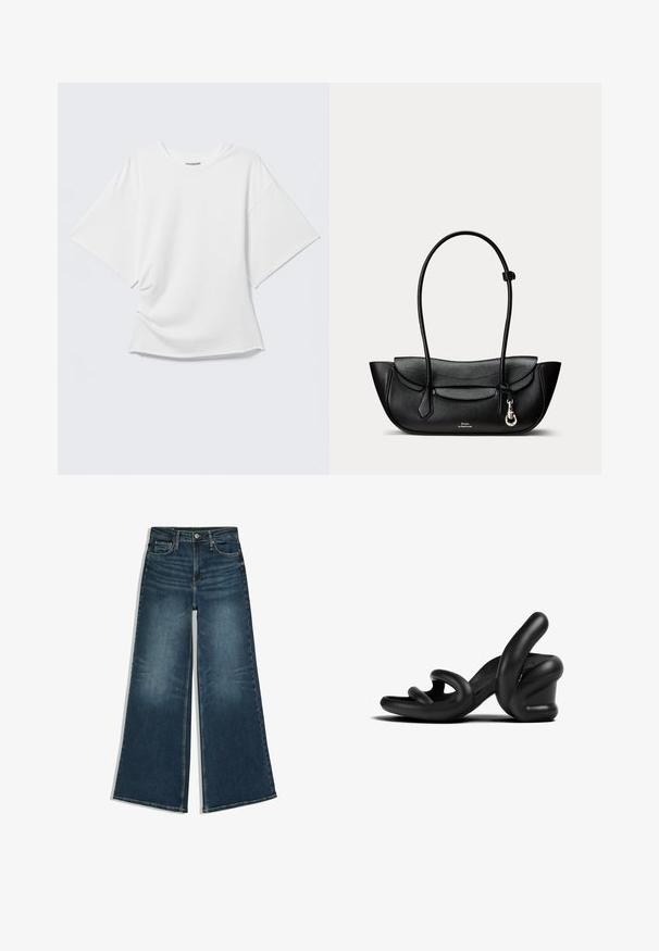 Hvid oversized T-shirt med korte ærmer og rund hals vist på en lysegrå baggrund.; Blå vidde jeans med knapper foran og lommer, lagt fladt på en hvid baggrund.; Sorte høje hæle sandaler med et skulpturelt gummi-design. Har buede remme og en kraftig hæl. Glat mat overflade.; Sort skuldertaske i læder med buet klap, lang tynd rem, sidevinger, lille sølvspænde og Polo Ralph Lauren logo foran.