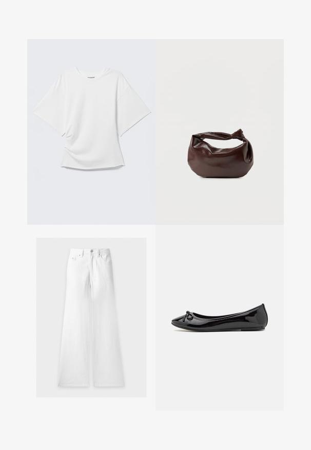 T-shirt blanc oversize à manches courtes avec col rond présenté sur un fond gris clair.; Jean blanc taille haute à jambes larges avec passants de ceinture, bouton à l’avant, fermeture éclair et deux poches avant, posé à plat sur fond blanc.; Ballerines en cuir verni noir avec un embout pointu, un nœud décoratif à l'avant et une semelle en caoutchouc texturée.; Sac bandoulière en cuir marron foncé avec une forme souple et décontractée et une anse nouée torsadée sur un fond blanc uni.