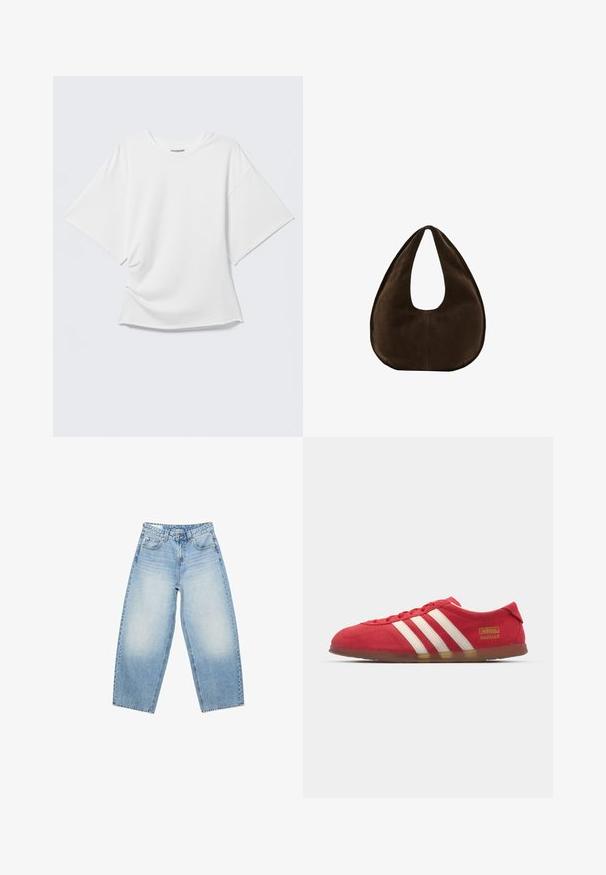 Hvid oversized T-shirt med korte ærmer og rund hals vist på en lysegrå baggrund.; Højtaljede, lyseblå vidde jeans med frontlommer, bæltestropper og falmede områder på lårene.; Røde ruskinds sneakers med hvidt tre-stripes design, flad ydersål og guld logo detalje. Lavskåren design med afrundet tå og snørebåndslukning.; Mørkebrun ruskind skuldertaske formet som en halvmåne med en bred rem og glat tekstur på en hvid baggrund.