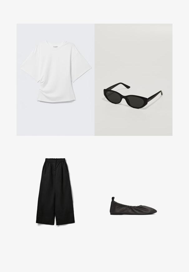 Λευκό oversized κοντομάνικο T-shirt με στρογγυλή λαιμόκοψη εμφανίζεται σε ανοιχτό γκρι φόντο.; Μαύρο παντελόνι με φαρδύ πόδι, ελαστική μέση, πλαϊνές τσέπες και κλείσιμο με κουμπί, τοποθετημένο επίπεδα σε λευκό φόντο.; Μαύρο δερμάτινο παπούτσι με επίπεδη σόλα, με gathered ελαστική περιλαβή, μυτερή μύτη και λεία επιφάνεια. Διαθέτει μινιμαλιστικό σχέδιο χωρίς ορατό υλικό.; Μαύρα γυαλιά ηλίου με στενή, γατίσια σχήμα. Κατασκευασμένα από λείο πλαστικό, διαθέτουν σκούρους φακούς και διακριτικά λογότυπα στους βραχίονες.