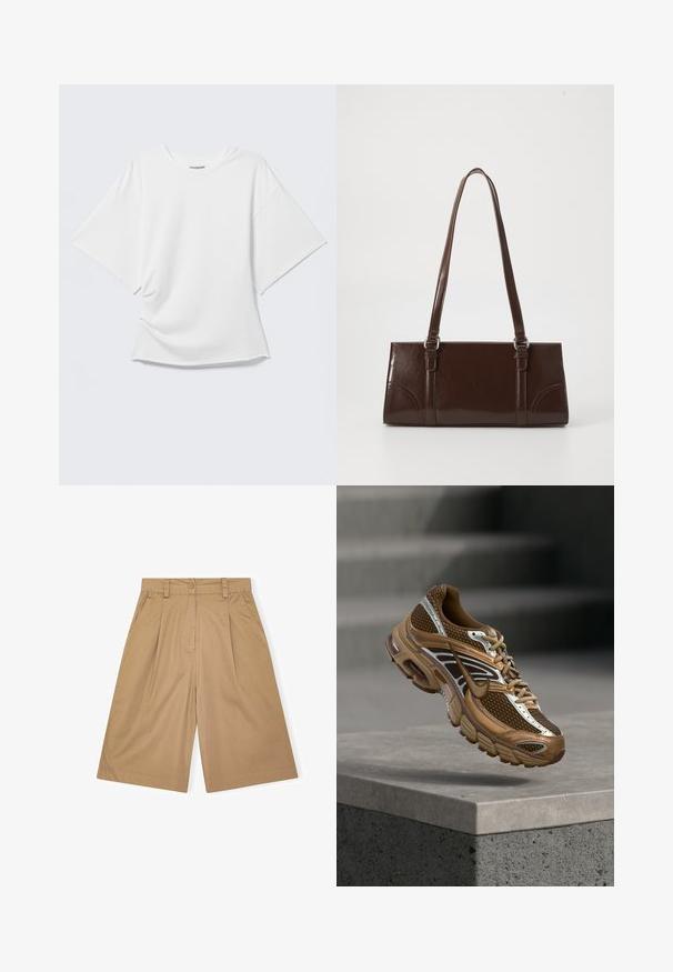 Camiseta blanca oversized de manga corta con cuello redondo mostrada sobre un fondo gris claro.; Pantalones cortos de algodón beige con un corte relajado, que presentan pliegues, cierre de botón y bolsillos laterales. Textura suave y diseño hasta la rodilla.; Zapatilla Nike marrón y beige con detalles de malla y reflectantes flotando sobre un borde de hormigón contra un fondo gris borroso.; Bolso de mano de piel sintética marrón con forma rectangular, dos asas largas y sutiles acentos curvados en la parte delantera.