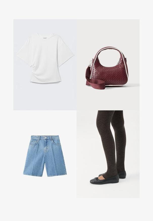 T-shirt blanc oversize à manches courtes avec col rond présenté sur un fond gris clair.; Shorts en jean bleu clair avec poches avant, passants pour ceinture, fermeture par bouton et coupe jusqu'aux genoux, sur fond blanc.; Jambes portant des leggings côtelés foncés associés à des ballerines noires avec de petits détails en nœud sur fond blanc.; Sac à main en cuir tressé marron foncé avec poignée courbée, garniture blanche, fermeture éclair argentée et bandoulière large en tissu amovible sur fond uni.