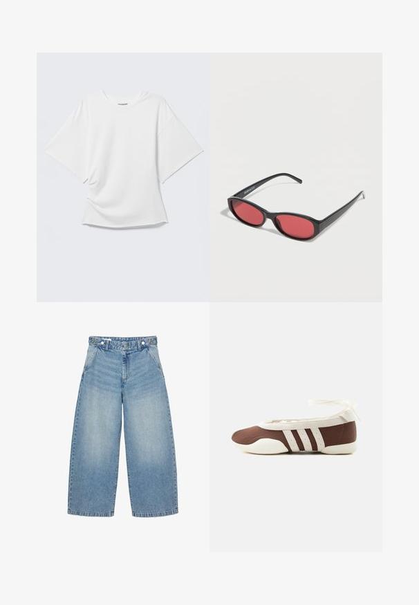 T-shirt blanc oversize à manches courtes avec col rond présenté sur un fond gris clair.; Jean en denim bleu clair à jambes larges avec taille haute, poches avant, fermeture par bouton et passants pour ceinture.; Chaussure plate de ballet marron et blanche avec trois bandes blanches et un nœud à nouer à la cheville sur un fond clair uni.; Lunettes de soleil ovales noires avec des branches fines et des verres teintés rouges posées sur une surface blanche.