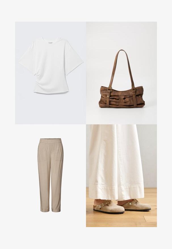 Camiseta blanca oversized de manga corta con cuello redondo mostrada sobre un fondo gris claro.; Pantalones beige con cintura elástica, dos bolsillos frontales, diseño de pierna entallada y textura suave. Adecuados para un uso casual o relajado.; Zuecos de ante beige con una correa con hebilla y acentos de tachuelas, llevados con pantalones blancos de pierna ancha, sobre un suelo de madera.; Even&Odd Bolso de mano - brown