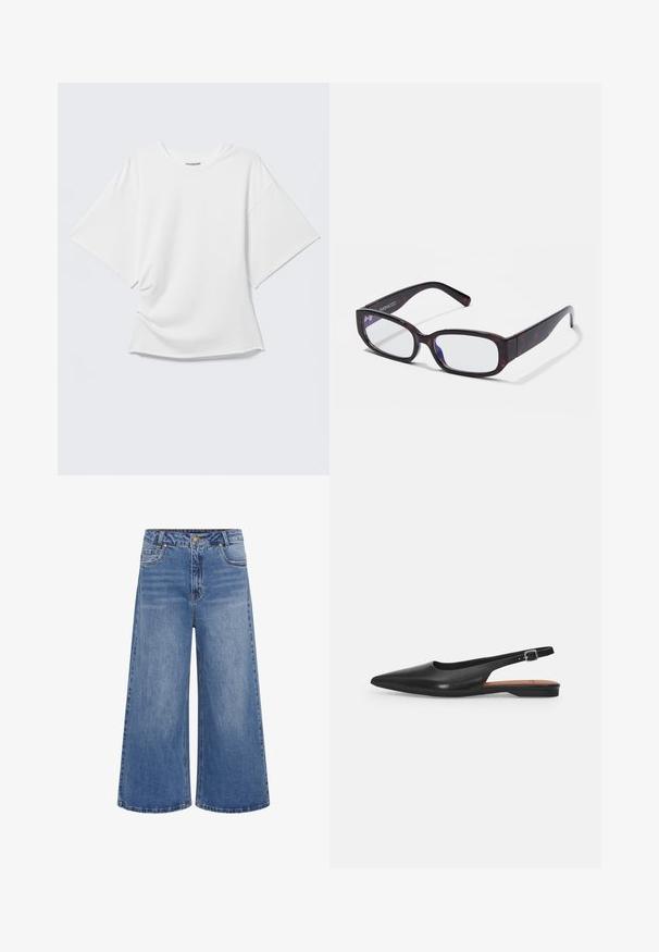 Weißes kurzärmeliges Oversized T-Shirt mit Rundhalsausschnitt, dargestellt vor hellem grauem Hintergrund.; Weite blaue Denim-Jeans mit hoher Taille, ausgestattet mit einem Knopfverschluss, fünf Taschen und dezenten Auswaschungen. Gekettelter Saum mit klassischem Design.; Schwarzer Leder Slingback-Schuh mit spitzer Zehenform, subtiler Glanz und verstellbarem Knöchelriemen. Flacher Absatz mit einer braunen Innensohle.; Braune Schildpatt-Rechteckbrille mit klaren Gläsern und schlanken Bügeln, die eine glatte Textur und ein minimalistisches Design zeigen.