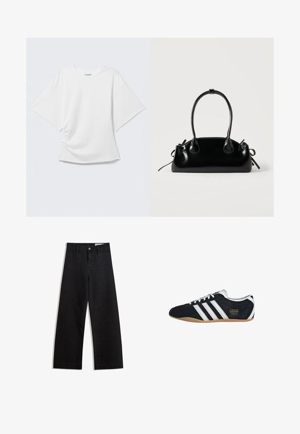 Weißes kurzärmeliges Oversized T-Shirt mit Rundhalsausschnitt, dargestellt vor hellem grauem Hintergrund.; Schwarze weit geschnittene Jeans mit hoher Taille, ausgestattet mit Vorder- und Hintertaschen, gesteppten Nähten und einem Knopfverschluss. Glatte Textur.; Schwarze Wildledersneaker mit drei weißen Streifen, goldenem Logo und brauner Gummisohle. Merkmale ein niedrigprofiliertes Schnürdesign.; Kleine schwarze glänzende Handtasche mit zwei langen Griffen und seitlichen Kordelzug-Details vor einfachem hellem Hintergrund.