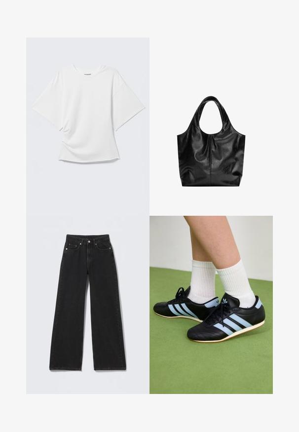 Hvid oversized T-shirt med korte ærmer og rund hals vist på en lysegrå baggrund.; Sorte højttaljede bredbenede jeans med knap- og lynlåslukning foran, bæltestropper og fem forlommer på en lys baggrund.; Sorte lædersportssko med lyseblå striber, teksturerede overdele og gummisko, parret med hvidt ribbet sokker på grønne gulve.; Sort læder tote taske med en glat overflade, en blød, afrundet top og brede håndtag. Har minimal syning og en afslappet silhuet.