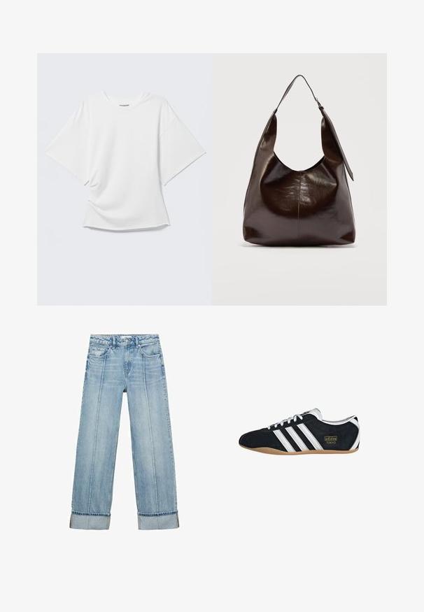 Camiseta blanca oversized de manga corta con cuello redondo mostrada sobre un fondo gris claro.; Jeans anchos de mezclilla azul claro con una cintura alta, que cuentan con cinco bolsillos, costuras visibles y dobladillos en los puños.; Zapatillas de ante negro con tres franjas blancas, logotipo dorado y suela de goma marrón. Presentan un diseño de cordones de perfil bajo.; Bolso de hombro de cuero marrón oscuro brillante con una sola correa ancha y detalle de hebilla en un lado, colocado sobre un fondo claro y sencillo.
