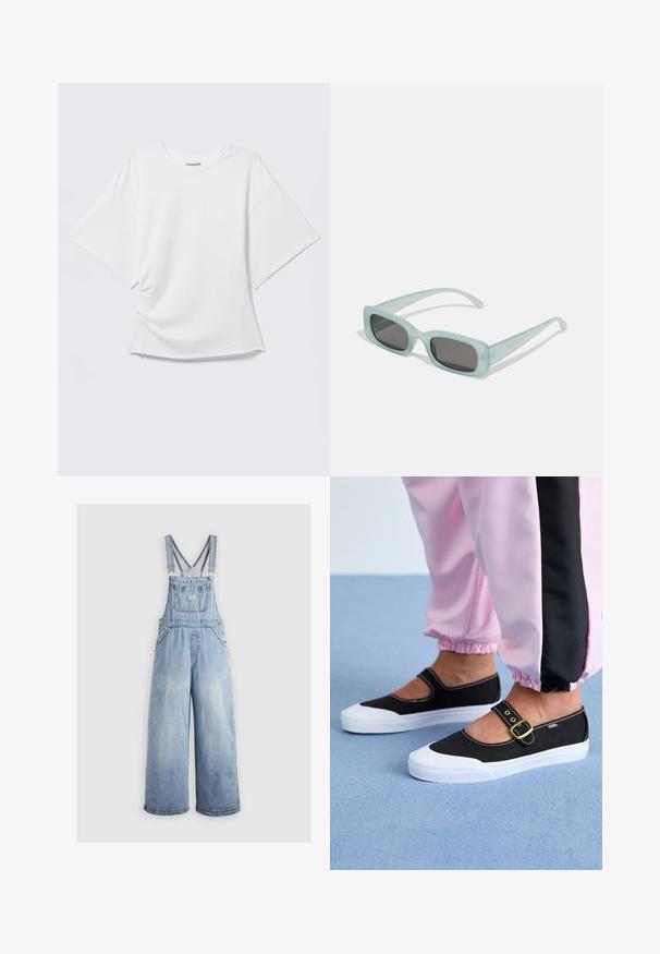 Wit oversized T-shirt met korte mouwen en ronde hals, weergegeven op een lichtgrijze achtergrond.; Lichtblauwe denim overall met wide benen, verstelbare schouderbanden, een voorzak en metalen knopen aan de zijkanten. Klassieke stijl met een ontspannen pasvorm.; Zwarte canvas schoenen met een witte zool, met een uitgesneden ontwerp en een gouden gespband. Draagt met roze joggingsbroek.; Een paar rechthoekige zonnebrillen met lichtblauwe doorzichtige monturen en donkergrijze glazen, met rechte pootjes en minimale hardwaredetails.