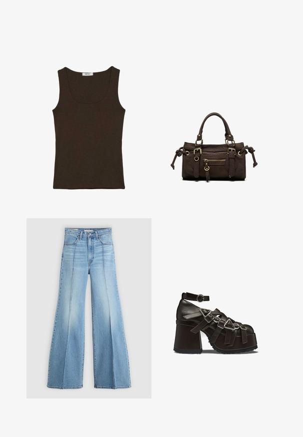 Ärmelloses dunkelbraunes geripptes Tanktop mit Rundhalsausschnitt, flach liegend ohne Muster oder zusätzliche Details dargestellt.; Hellblaue, hoch geschnittene Jeans mit weitem Bein, Front- und Gesäßtaschen, Gürtelschlaufen und vertikalen Nahtdetails auf der Vorderseite.; Dunkelbrauner Plateau- Schuh mit dicker Sohle, mehreren Riemen mit Schnallen und einem Knöchelriemen mit runder Metallschnalle.; Dunkelbraune Lederhandtasche mit doppelten Griffen, vorderer Reißverschlusstasche, dekorativen Schnallen und seitlichen Knoten auf weißem Hintergrund.