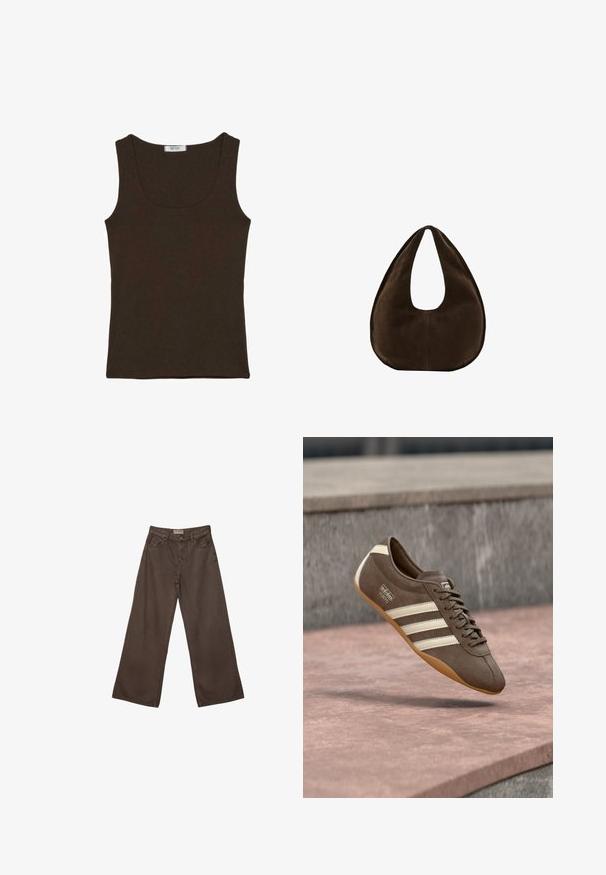 Débardeur côtelé marron foncé sans manches avec encolure dégagée, présenté à plat sans motifs ni détails supplémentaires.; Pantalons en denim marron à coupe large avec un design classique à cinq poches, dotés d'une fermeture à bouton et d'une texture lisse.; Baskets en daim marron avec des rayures blanches et un logo, dotées d'un bout rond et d'une semelle en caoutchouc gomme, suspendues au-dessus d'une surface texturée.; Sac à main en daim marron foncé en forme de croissant avec une seule sangle large et une texture lisse sur fond blanc.