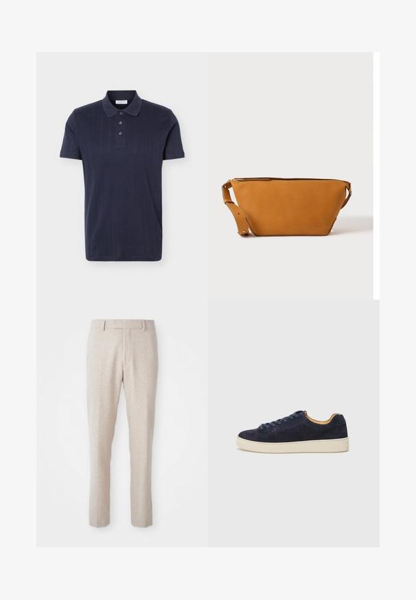 Marineblaues kurzärmeliges Poloshirt mit drei Knöpfen und dezenten vertikalen Strukturstreifen, flach auf weißem Hintergrund liegend.; Beige Woven-Hosen mit geradem Schnitt, flachem Bund, Gürtelschlaufen und ohne sichtbare Muster oder Hardware-Details.; Marineblaues Wildleder-Low-Top-Sneaker mit runder Zehenpartie, off-white Gummisohle und passenden Schnürsenkeln; hat ein kontrastierendes, tannfarbiges Innenfutter.; Hellbraune Leder-Umhängetasche mit verstellbarem Schulterriemen und Reißverschluss, vor einem schlichten hellen Hintergrund gezeigt.
