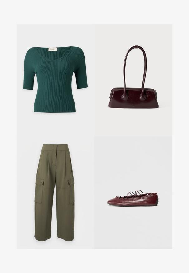 Haut en maille côtelée vert foncé à manches courtes, col en V et silhouette ajustée, posé à plat sur un fond neutre.; Pantalon cargo vert olive à coupe décontractée, doté de deux poches latérales et d'une fermeture à boutons, confectionné dans un tissu léger et texturé.; Femme ballerine en cuir bordeaux avec un bout pointu, des détails en dentelle sur le devant et des œillets en argent. Semelle souple pour plus de flexibilité et de confort.; Sac à main en cuir brun foncé brillant avec de longues anses fines et une base rectangulaire structurée sur un fond clair uni.