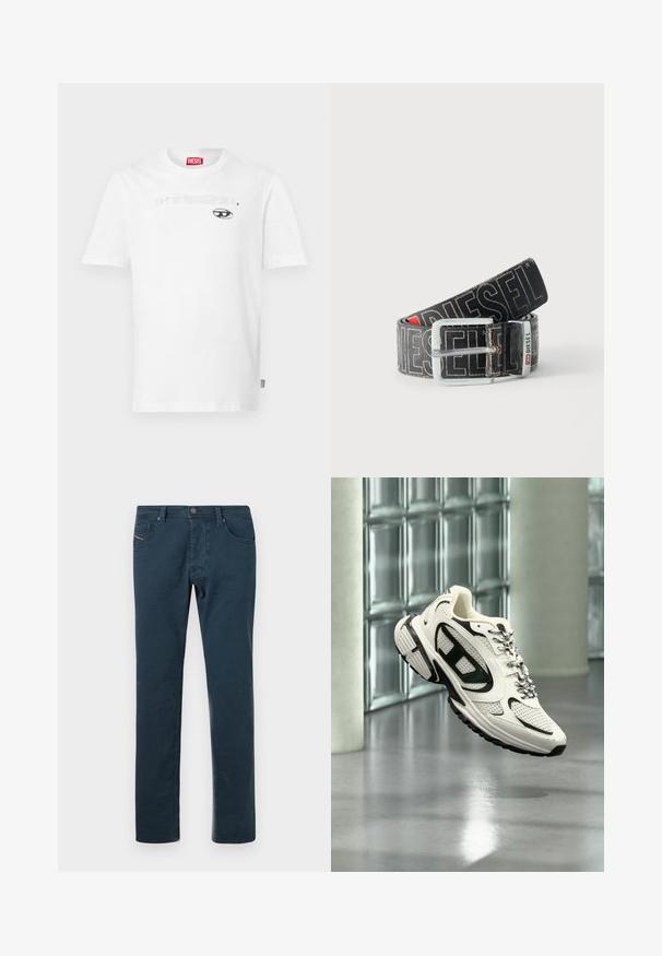 Weißes Baumwoll-T-Shirt mit Rundhalsausschnitt und kurzen Ärmeln, mit einem schwarzen Druckmotiv und dem Markennamen "DIESEL", der zentriert über einer Augengrafik platziert ist.; Dunkelblaue Slim-Fit-Hosen mit vorderem Knopf, Gürtelschlaufen und Fünf-Taschen-Design auf einem schlichten weißen Hintergrund.; Weißer und schwarzer Sportschuh mit Mesh-Details und gemusterten Schnürsenkeln, schwebt mitten in der Luft in einem modernen Innenraum mit Glasbausteinen.; Schwarzer Diesel-Gürtel mit großem weißen Logotext, rechteckiger silberner Schnalle und gebrandetem Metallschlaufen-Detail, aufgewickelt auf hellem Hintergrund.