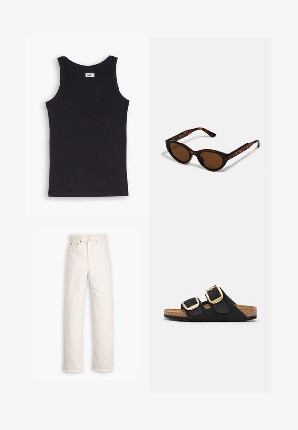 Top negro sin mangas hecho de tela acanalada, con un escote redondeado y una pequeña etiqueta de marca en la parte de atrás. Textura suave y diseño ajustado.; Jeans de mezclilla blanca con un diseño de pierna recta, estilo de cinco bolsillos y detalles de hardware en color cobre. Acabado sin dobladillo en los tobillos.; Sandalias deslizantes de ante negro con dos correas anchas, cada una con una gran hebilla dorada, y una plantilla de corcho natural con una suela de goma texturizada.; Gafas de sol de carey marrón con una forma vintage de ojo de gato y lentes marrones. Presentan brazos curvados con acentos rojos.