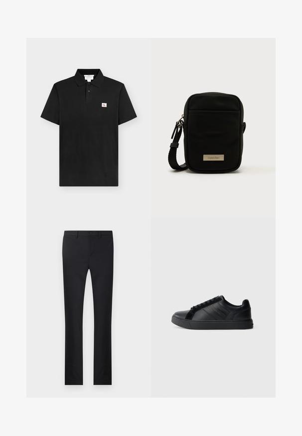 Zwart poloshirt met korte mouwen, twee knopen en een klein wit-rood "CK" logo-patch op de linkerborst.; Zwarte broek met een rechtlopende pasvorm, gemaakt van soepel materiaal. Voorzien van zakken aan de voorkant, een knoopsluiting en riemlussen.; Zwarte leren sneakers met een gladde afwerking, geprofileerde zijkanten, ronde neus, platte zool en logo-detail op de zijkant. Bevat klassieke vetersluiting.; Zwarte nylon crossbodytas met een rechthoekige vorm en een structuur, voorzien van een voorvak met rits en een metalen logo-plaatje. Inclusief verstelbare riem.