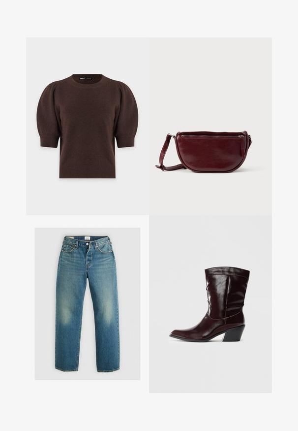 Dunkelbrauner kurzärmeliger Strickpullover mit ballonartigen Ärmeln und gerippten Bündchen, Ausschnitt und Saum.; Levi's® 501® '90S ANKLE - Jeans Straight Leg - blank slate; Bordeauxfarbene Leder-Stiefeletten mit spitzem Schnitt, strukturierten Oberflächen und einem schmalen, niedrigen Absatz. Verfügen über dezente Nähte und einen engen Sitz.; Dunkelroter Lederhandtasche in halbmondförmiger Form mit Reißverschluss und abnehmbarem Tragegurt. Glatte Textur mit dezentem Glanz.