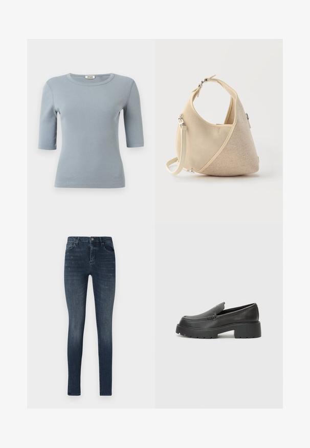 Haut en maille côtelée bleu clair à manches courtes, col rond et coupe ajustée, étiqueté "Drykorn" à l'intérieur du col.; Jeans en denim slim fit de couleur bleu foncé, avec un design à cinq poches, un léger délavage et une fermeture à bouton à la taille.; Mocassins en cuir noir avec un bout arrondi, une semelle épaisse et texturée, et des détails de couture minimalistes. Design épuré sans lacets ni métal visibles.; Sac à main beige en forme de croissant avec textures de tissus mélangées, poignée courte et bandoulière amovible, sur fond clair.