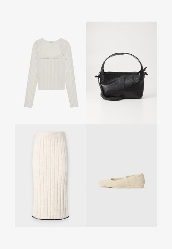 Lys beige langærmet top med ribbet tekstur. Har en blondekant og cropped design, med rund halsudskæring og tætsiddende ærmer.; Strikket midiskørt i off-white, med lodrette ribber, en tætsiddende talje og en sort bølget kant. Glat tekstur med blød fald.; Lysebrune ballet flats med en glat læderoverflade, mandelformet tå og elastisk rem over vristen, med diskrete syninger.; Sort læderhåndtaske med et struktureret design, rund tophåndtag og aftagelig skulderrem. Den har en glat tekstur og en subtil glans.