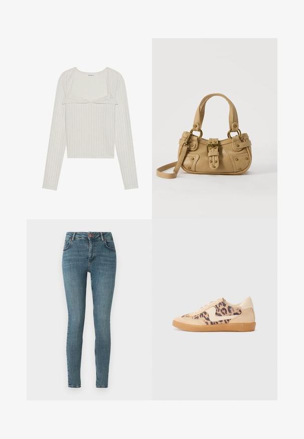 Lys beige langærmet top med ribbet tekstur. Har en blondekant og cropped design, med rund halsudskæring og tætsiddende ærmer.; Stramme jeans i medium blå denim. Har et klassisk fem-lomme design, front knaplukning og subtile slidser. Glat tekstur.; Leopardprint sneakers med beige ruskindsoverdel, tan gummisål og hvide detaljer. Rund pegefinger og snørebåndsdesign med en tekstureret finish.; Beige læderhåndtaske med dobbelte håndtag, messing spænde og nitte detaljer samt en justerbar skulderrem mod en hvid baggrund.