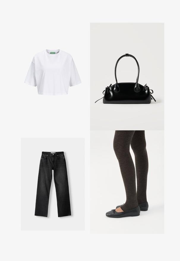 T-shirt blanc court en coton, avec des manches courtes et un col rond. Étiquette verte à l'intérieur avec le nom de la marque visible.; Bershka Jean droit - mottled dark grey; Jambes portant des leggings côtelés foncés associés à des ballerines noires avec de petits détails en nœud sur fond blanc.; Petit sac à main noir brillant avec deux longues anses et des détails à cordon sur les côtés sur un fond clair uni.