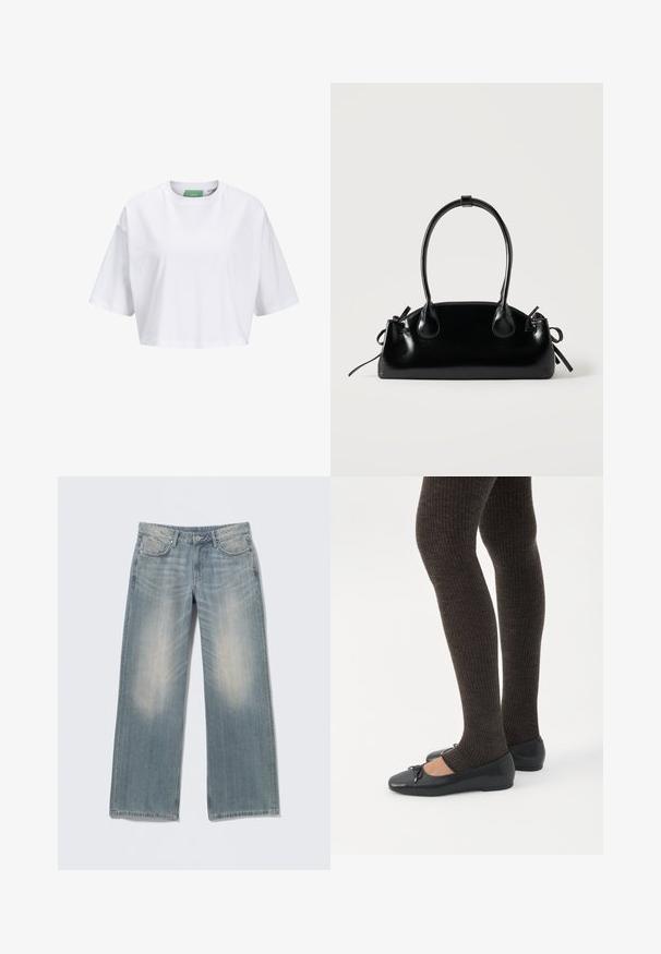 T-shirt blanc court en coton, avec des manches courtes et un col rond. Étiquette verte à l'intérieur avec le nom de la marque visible.; Jean bleu clair à jambes larges avec une finition délavée, en denim. Comprend des passants pour ceinture, des poches avant et une braguette zippée avec fermeture par bouton.; Jambes portant des leggings côtelés foncés associés à des ballerines noires avec de petits détails en nœud sur fond blanc.; Petit sac à main noir brillant avec deux longues anses et des détails à cordon sur les côtés sur un fond clair uni.