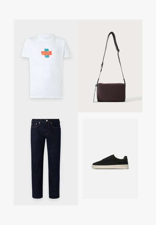 Weißes T-Shirt mit kurzen Ärmeln und einer kleinen orange- und türkisfarbenen Grafik in der Mitte mit dem Text „PS Paul Smith.“; Dunkelblaue Jeans aus Denim mit geradem Bein, orangefarbenen Nähten, fünf Taschen und einem vorderen Knopfverschluss.; Schwarzer Wildleder-Low-Top-Sneaker mit schwarzen Schnürsenkeln und weißer Gummisohle, Seitenansicht auf schlichtem hellgrauem Hintergrund.; Dunkelbraune, strukturierte Leder-Crossbody-Tasche mit verstellbarem Riemen und kleinem dekorativen blauen Akzent an der Seite.