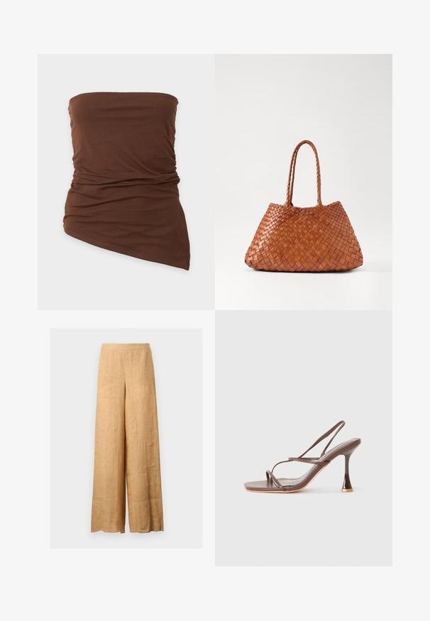 Brun stroptop med rynket stof og asymmetrisk kant på ensfarvet baggrund.; Beige vidbenede hørbukser med høj talje og uden synlige lukninger, vist mod en ensartet lys baggrund.; Brune stroppede højhælede sandaler med firkantet tå, slanke remme, en blank finish og en distinkt buet hæl.; DRAGON DIFFUSION SANTA CROCE BIG - Håndtasker - tan