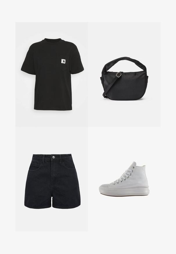 Schwarzes Baumwoll-T-Shirt mit kurzen Ärmeln, Rundhalsausschnitt und einer Fronttasche, die ein quadratisches Logo in Weiß und Schwarz zeigt.; Schwarze High-Waist-Jeansshorts mit vorderer Knopfleiste, Gürtelschlaufen und zwei Vordertaschen auf weißem Hintergrund.; Weißer High-Top-Canvas-Sneaker mit weißen Schnürsenkeln, metallischen Ösen, dicker Gummisohle und strukturierter Zehenkappe, nach links auf weißem Hintergrund ausgerichtet.; Schwarze Stoffumschlagtasche mit einem verdrehten Griff, einem abnehmbaren Schultergurt und einem Reißverschluss-Topverschluss. Glatte Textur und minimalistisches Design.