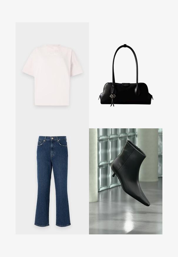 Lys pink kortærmet t-shirt lavet af bomuld, med rund halsudskæring og diskret hvidt trykt tekst på forsiden.; Mørkeblå, udvidede denim jeans med en veldefineret talje, forlommer og hardware i guldfarve. Glat tekstur med syningsdetaljer.; Sort læderankelstøvle med spids tå og lav kitten-hæ, vist vinklet mod en poleret gulv- og glasblokvæg.; Sort lædertaske fra Calvin Klein med lange håndtag, en forside-logo-tag og en sølv geometrisk vedhæng, der hænger fra det ene håndtag.