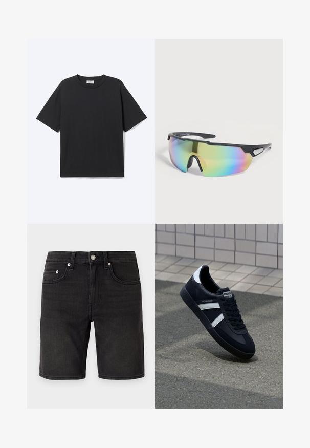 Schwarzes T-Shirt mit kurzen Ärmeln und Rundhalsausschnitt in lockerer Passform, Vorderansicht, schlichtes Design und sichtbares Weekday-Label im Krageninneren.; Schwarze Denim-Shorts mit einem klassischen Fünf-Taschen-Design, Metallknopf und dezenten Steppnähten. Glatte Textur, knielanger Schnitt.; Schwarze Leder-Sneaker mit weißen Streifen, strukturiertem Gummisohle und Schnürung. Verfügt über ein Markenetikett auf der Zunge.; Sportsonnenbrille mit schwarzem Rahmen, einteiligem, großem, regenbogenfarben getöntem Glas und belüfteten Bügeln, die auf einer hellen Oberfläche liegen.