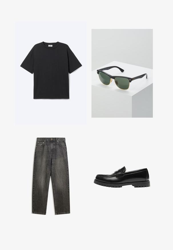Schwarzes T-Shirt mit kurzen Ärmeln und Rundhalsausschnitt in lockerer Passform, Vorderansicht, schlichtes Design und sichtbares Weekday-Label im Krageninneren.; Schwarze Jeans aus Denim mit entspannter Passform, fünf Taschen, Knopfverschluss und dezentem Verblassen in der Stoffstruktur.; Schwarzer Leder-Slipper mit dicker Gummisohle und klassischem Penny-Detail an der Riemen, von der Außenseite gezeigt.; Ray-Ban Sonnenbrillen mit grünen Gläsern, schwarzen Kunststoffrahmen und goldenen Akzenten an den Rändern. Quadratische Form mit matter Oberfläche.