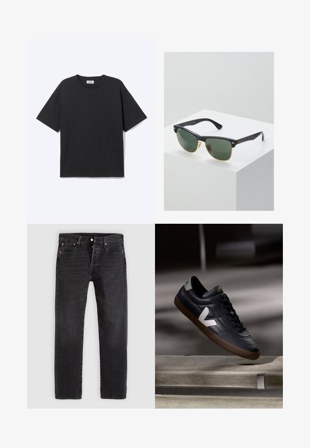 T-shirt noir à manches courtes avec col rond, coupe décontractée, vue de face, design uni et étiquette de la marque Weekday visible à l’intérieur du col.; Jean en denim noir à coupe droite, avec deux poches avant, une poche à monnaie et des rivets en métal. Design classique à cinq poches.; Baskets en cuir noir avec logo V blanc, avant lacé, détails perforés et semelle en caoutchouc brun; design épuré avec peu d'accents.; Lunettes de soleil Ray-Ban avec des verres verts, monture en plastique noir et accents dorés sur les bords. Forme carrée avec une finition mate.