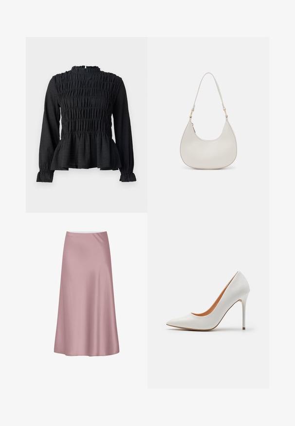 Sort langærmet top med smock-detaljer, høj hals og en flagrende peplum-søm. Fremstillet af tekstureret stof med rynkede manchetter.; Blød lyserød satin midi-nederdel med A-formet silhuet og glat, flydende stof.; Hvid patentlæder højhælet pumpe med spids tå og slank stiletto-hæl, der har en glat overflade og en beige inderside.; Cremefarvet læder skuldertaske med en halvmåneform, tynd rem og diskrete syninger. Minimalistisk design med hardware-accenter i guldton.