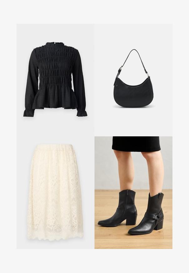 Sort langærmet top med smock-detaljer, høj hals og en flagrende peplum-søm. Fremstillet af tekstureret stof med rynkede manchetter.; Blonde nederdel i beige farve med et struktureret blomsterdesign, elastisk talje og en bølget kant for ekstra detalje.; Sorte læder ankelstøvler med spids tå, lynlås lukning, buet hæl og en dekorativ rem med metal detaljer.; Sort hobo taske lavet af glat læder med en buet silhuet, der har en enkelt justerbar skulderrem og minimalistiske designdetaljer.