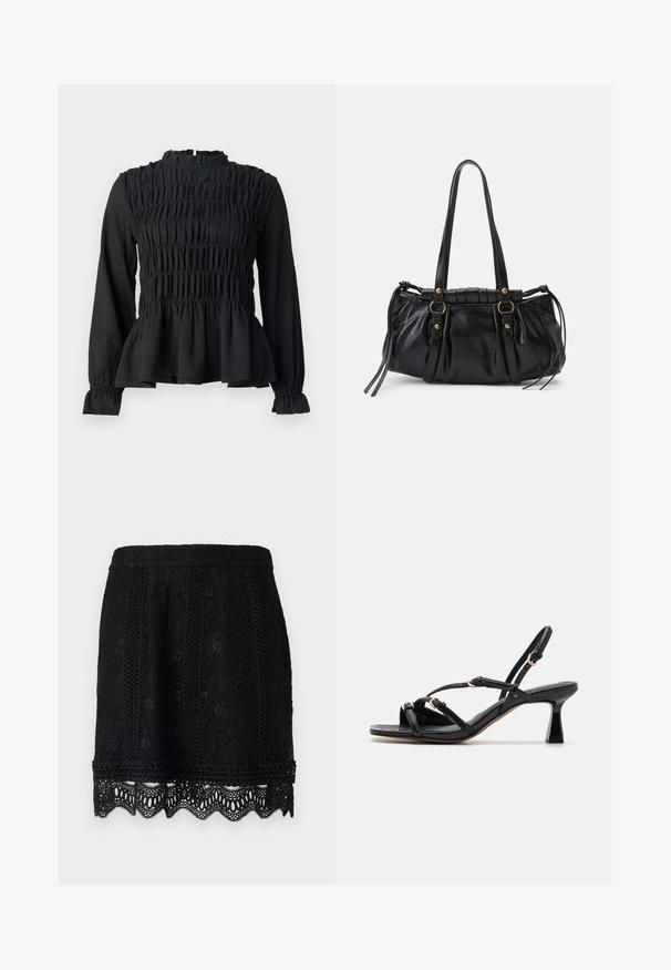 Schwarzes Langarmoberteil mit gefälteltem Detail, hohem Kragen und ausgestelltem Peplum-Saum. Hergestellt aus strukturiertem Stoff mit Rüschenausschnitten.; Schwarzer Spitzen-Minirock mit komplexen Blumenmustern, gewelltem Saum und einer strukturierten Oberfläche für zusätzliche Details. Elastischer Taillenbund inklusive.; Call it Spring DIANAH - Riemensandalette - black; Schwarze Lederhandtasche mit runder Form, doppelten Griffen, dekorativen Hardware-Details und seitlichen Bindebändern. Glatte, glänzende Textur.