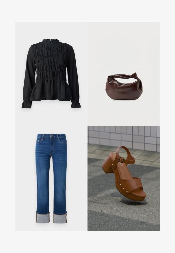 Sort langærmet top med smock-detaljer, høj hals og en flagrende peplum-søm. Fremstillet af tekstureret stof med rynkede manchetter.; Blå denimjeans med lige ben, der har opkrøllede manchetter i lys grå. Mellemhøj talje og traditionelt fem-lomme design.; Brun læderplatformsandal med ankelrem og gyldne nitter svæver over belagt underlag og flisevæg som baggrund.; Mørkebrun læder skuldertaske med en blød, afslappet form og et snoet knudehåndtag på en ensartet hvid baggrund.