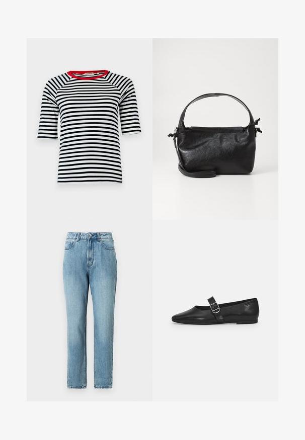 Gestreiftes T-Shirt mit navyblauen und weißen horizontalen Streifen, rotem Rundhalsausschnitt, Raglanärmeln und weichem Baumwollmaterial für einen entspannten Schnitt.; TOM TAILOR DENIM Mom Jeans - clean mid stone blue denim; Schwarzer Lederflatschuh mit runder Zehenform, einem verstellbaren Schnallenriemen und einer glatten, glänzenden Oberfläche. Minimalistisches Design mit einem niedrigen Absatz.; Schwarze Lederhandtasche mit strukturiertem Design, rundem Haltegriff und abnehmbarem Schulterriemen. Sie weist eine glatte Oberfläche und einen subtilen Glanz auf.